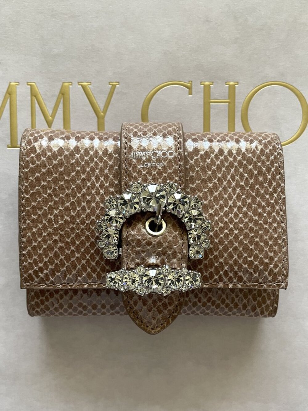 NWT Jimmy Choo Cheri Cosmos Leather CZ Jewel Card Holder Small Trifold Wallet